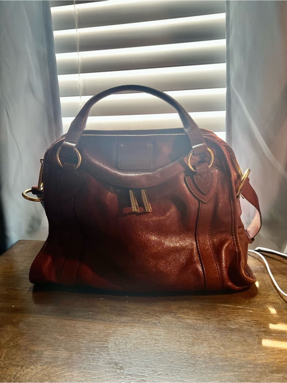 Marc Jacobs Burgundy Leather Satchel with Gold Hardware